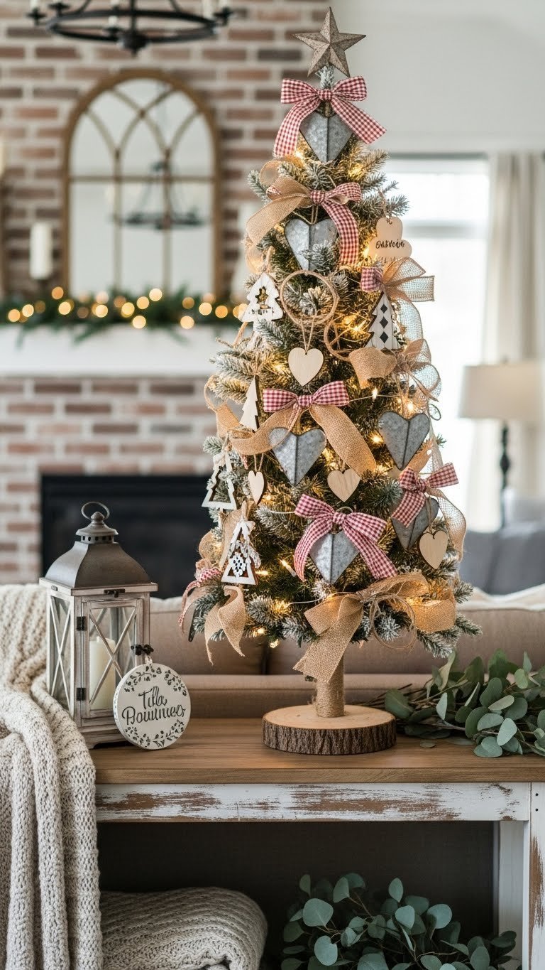 Rustic farmhouse Valentine's tree with burlap ribbons and wood ornaments on distressed console table
