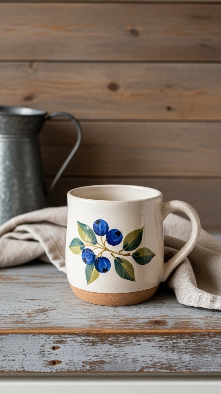 Rustic farmhouse blueberry painted handmade mug on distressed wooden countertop with golden hour lighting and vintage pitcher