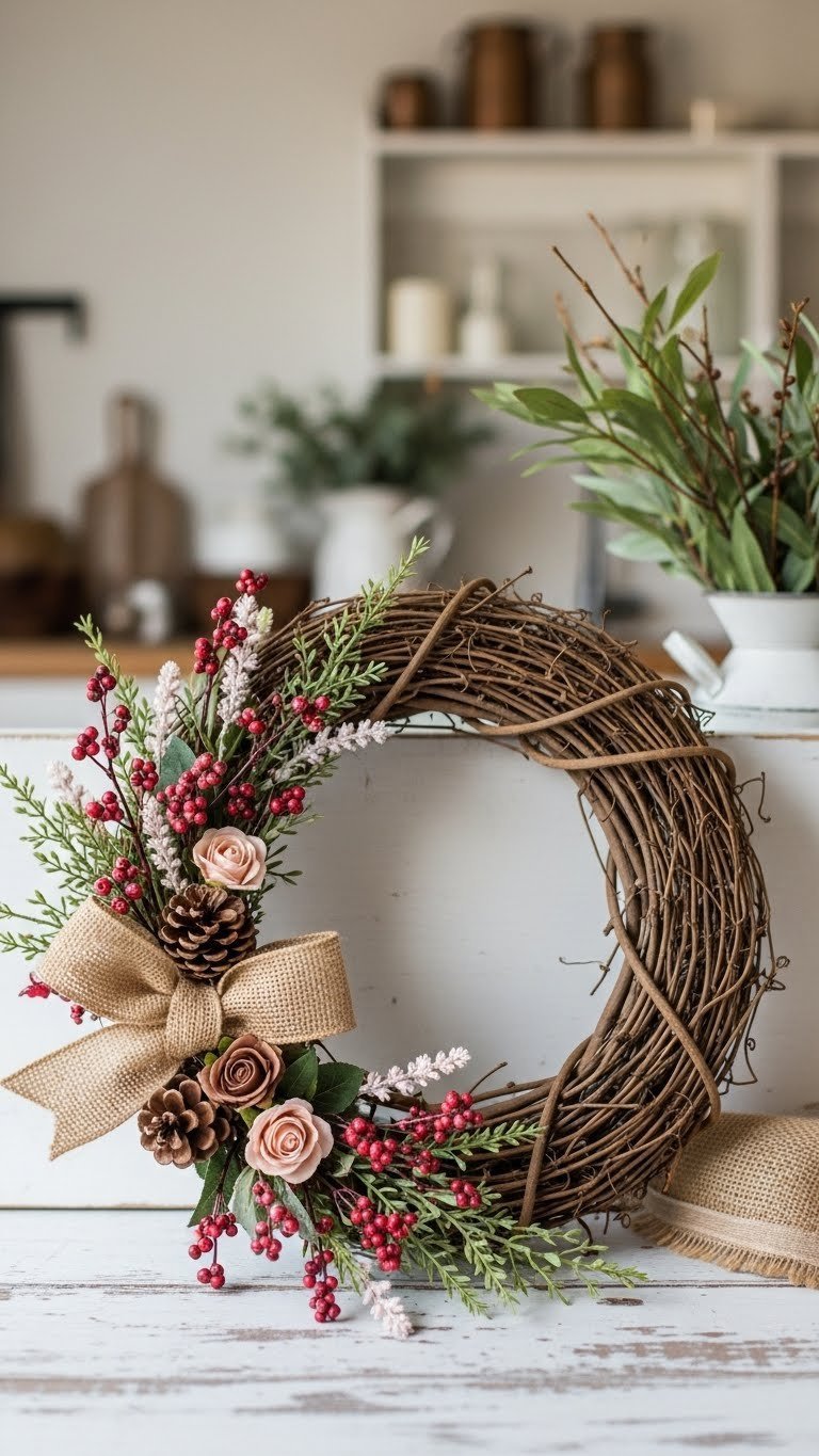 Rustic grapevine Valentine wreath with burlap ribbon, red berries, and pink silk roses on distressed white wood surface.