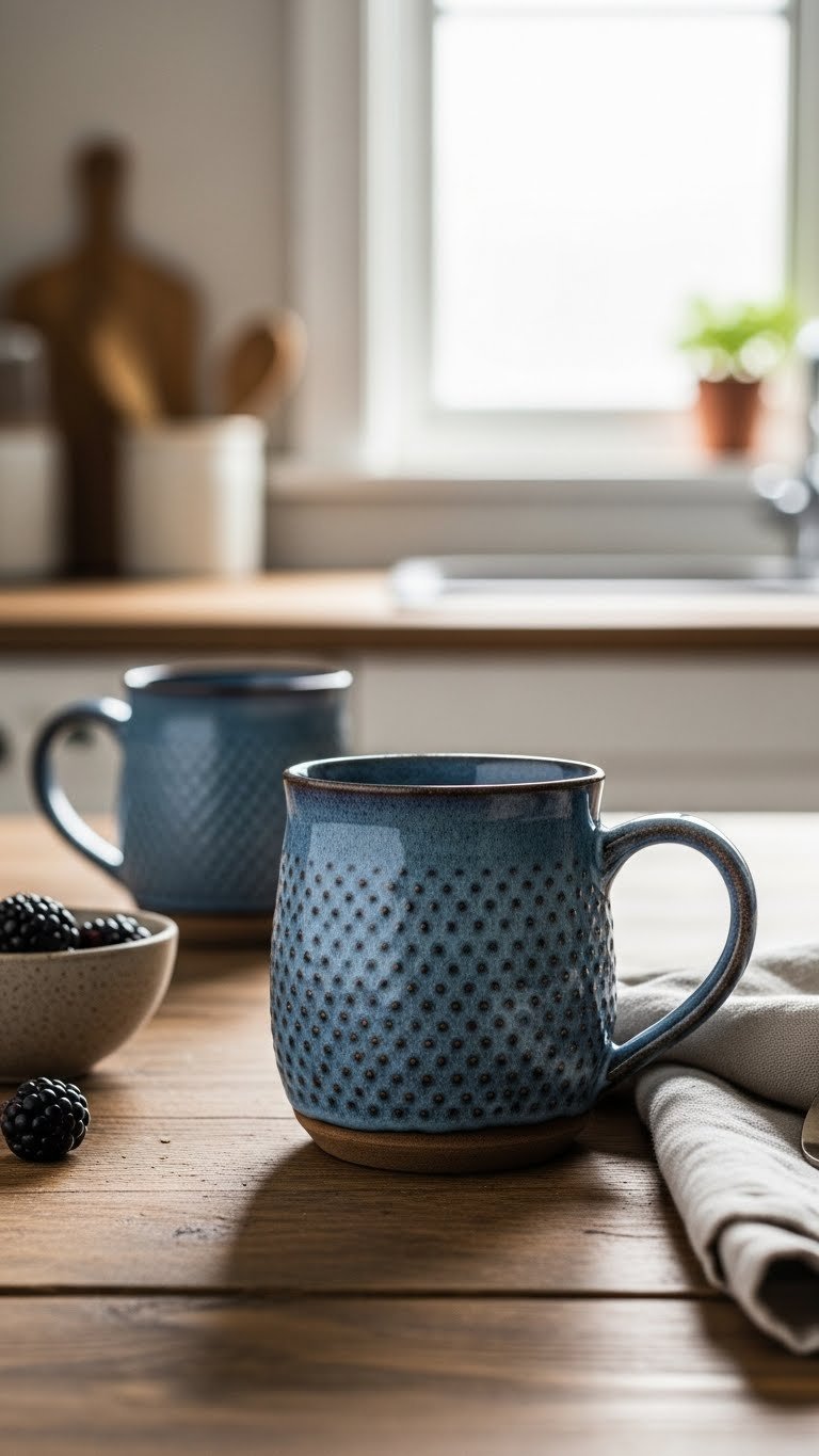 Rustic salt glazed pottery mug with textured blue accents displayed on rustic wooden table setting