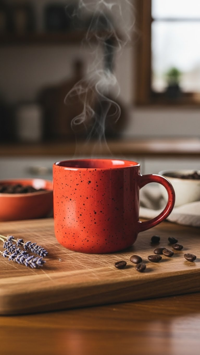 Rustic speckled red painted mug with earthy base color and contrasting speckles on natural wooden board