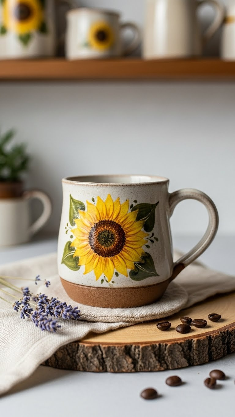 Rustic stoneware hand-painted sunflower mug on a wooden slab with dried lavender in a soft-focus farmhouse kitchen.