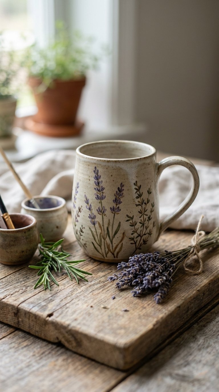 Rustic stoneware mug with hand-painted lavender sprigs on reclaimed wooden board with herb garden elements