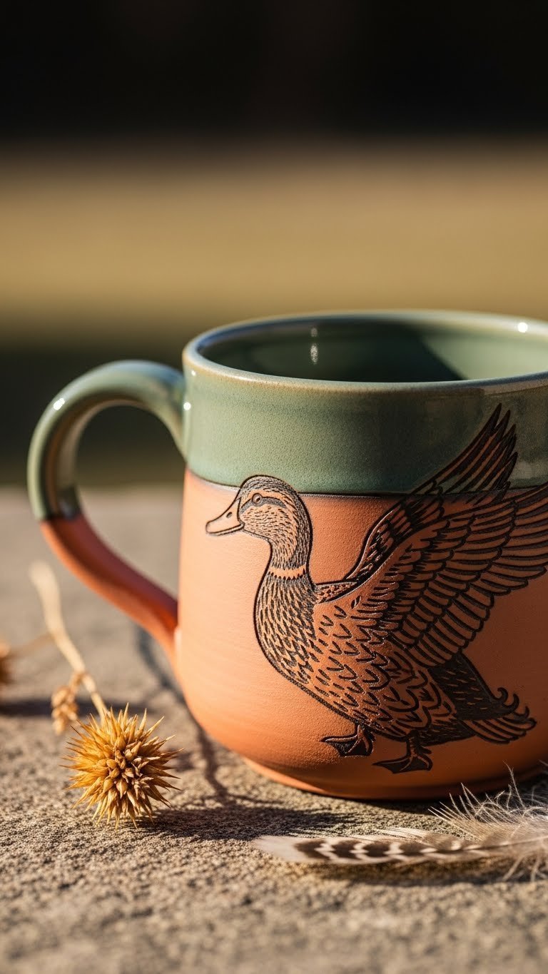 Rustic unglazed ceramic mug with hand-etched duck design revealing natural clay beneath darker finish