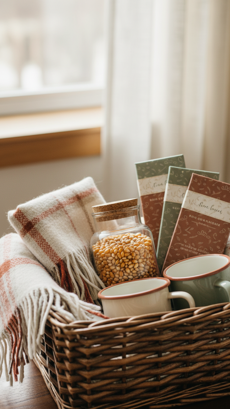 Rustic wicker basket with plaid blanket, popcorn, chocolate, and mugs for cozy movie night gift