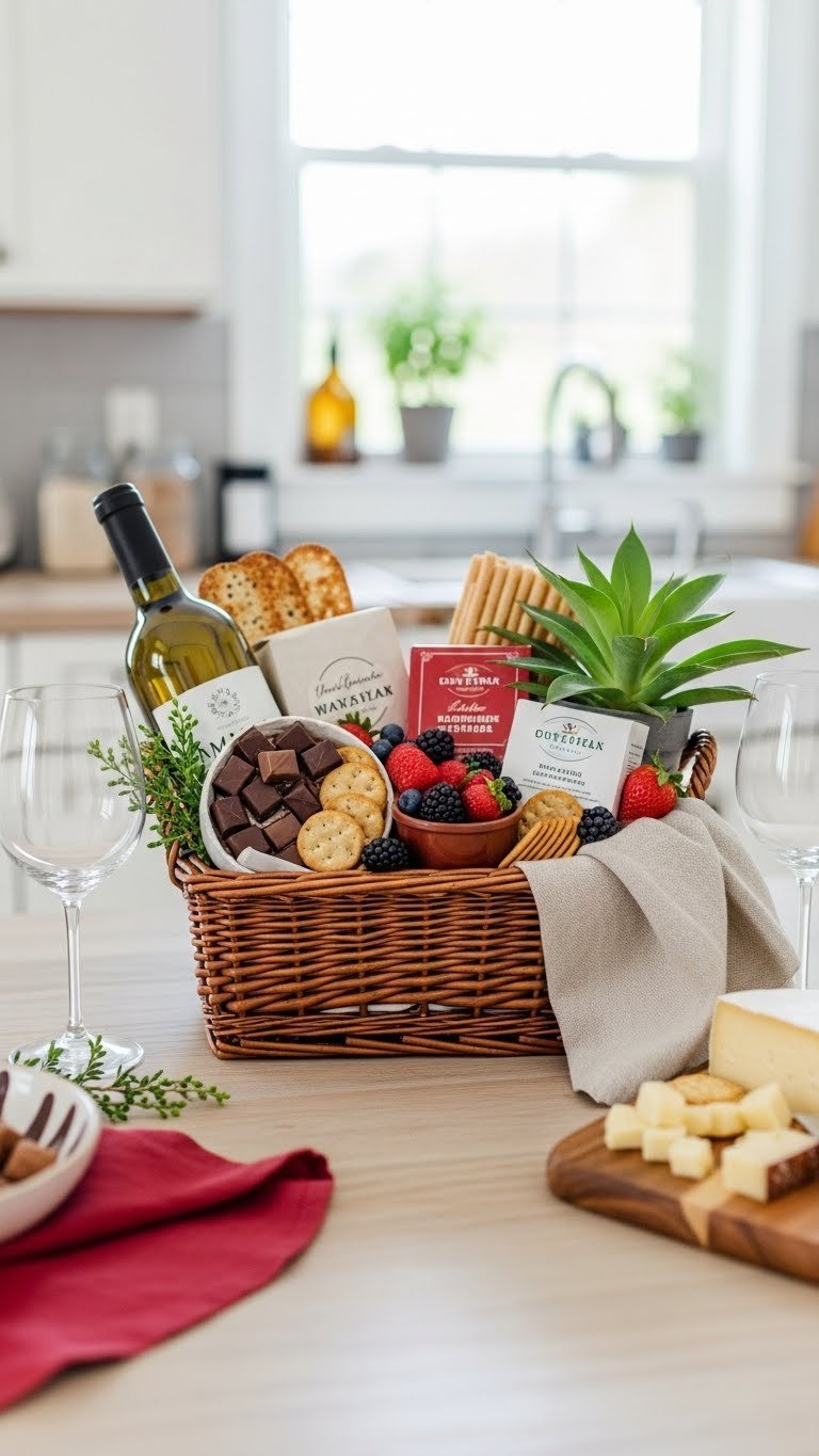 Rustic woven gift basket overflowing with gourmet chocolates, cheeses, and wine on wooden table