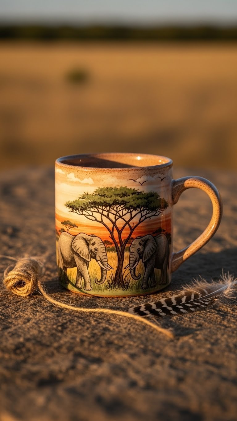 Safari-themed ceramic elephant mug with African landscape design in natural outdoor golden hour light