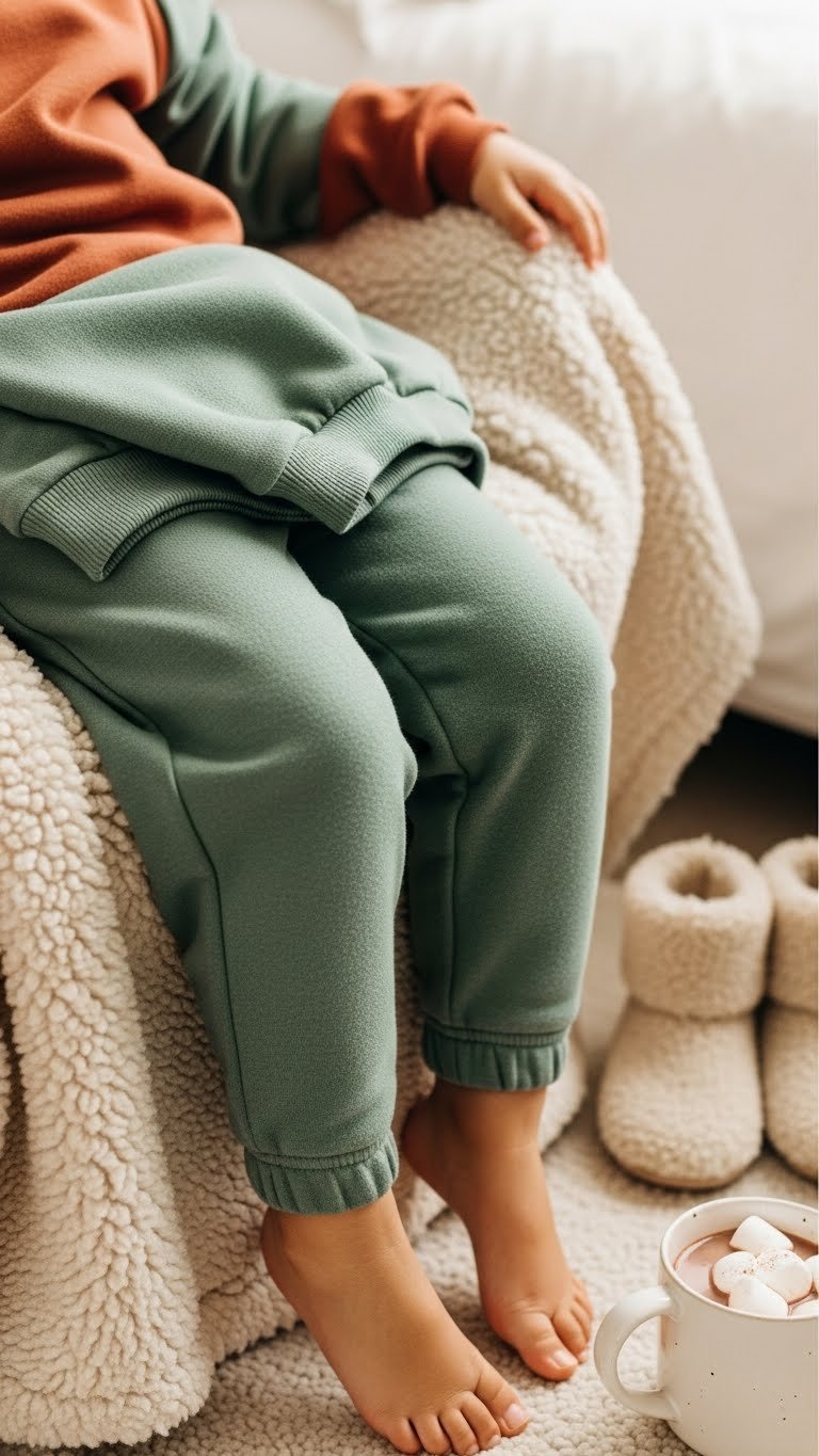 Sage green brushed-fleece loungewear set draped over chair with fuzzy slippers on sherpa blanket