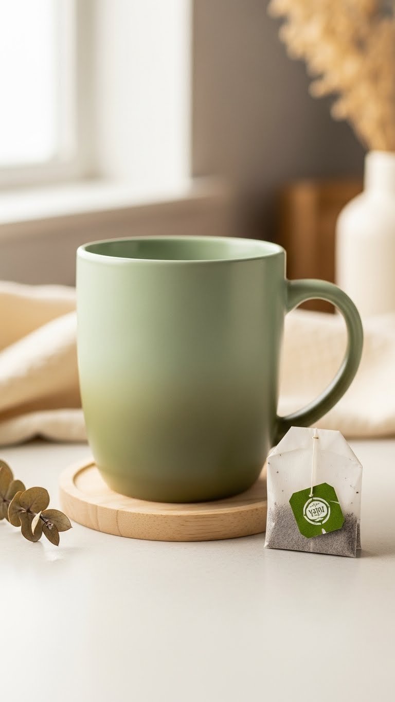 Sage green ombre ceramic mug on wooden coaster with dried eucalyptus sprig in soft natural window light