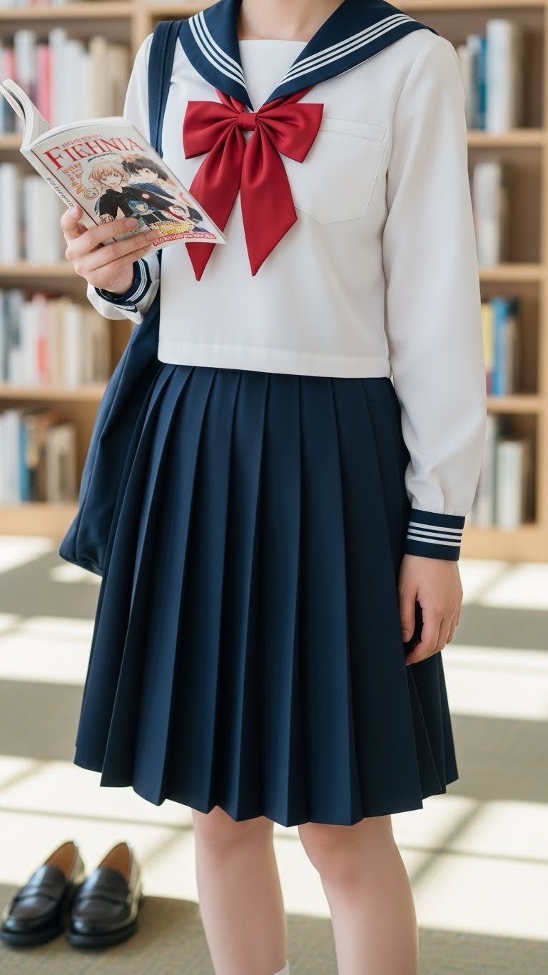 Sailor school uniform with red bow and navy blue pleated skirt in library setting with manga volume