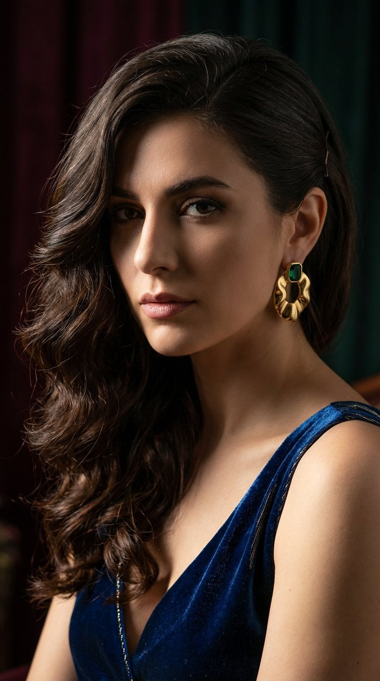 Sassy side swept hairstyle with dramatic asymmetric voluminous curls cascading over one shoulder