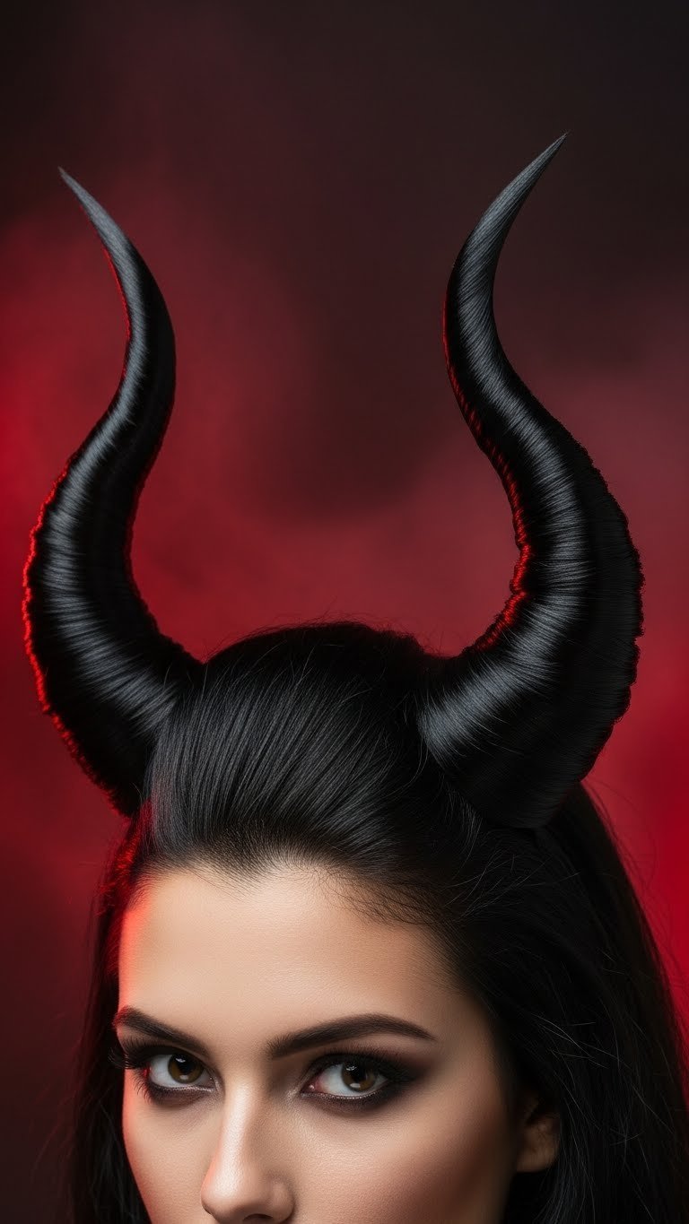 Sculpted devil horns hairstyle made from shiny black hair against dark moody red background