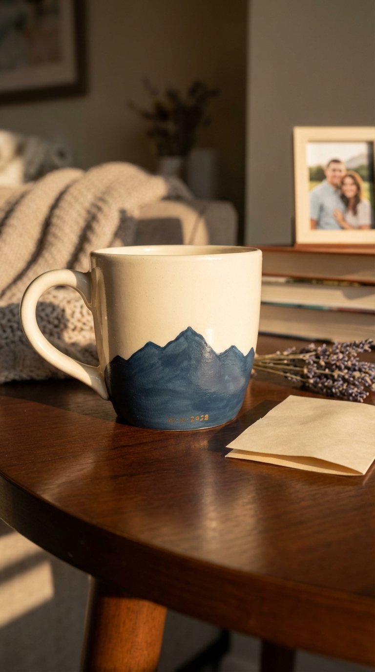 Sentimental hand-painted ceramic mug with location silhouette on dark wood surface in warm golden hour light