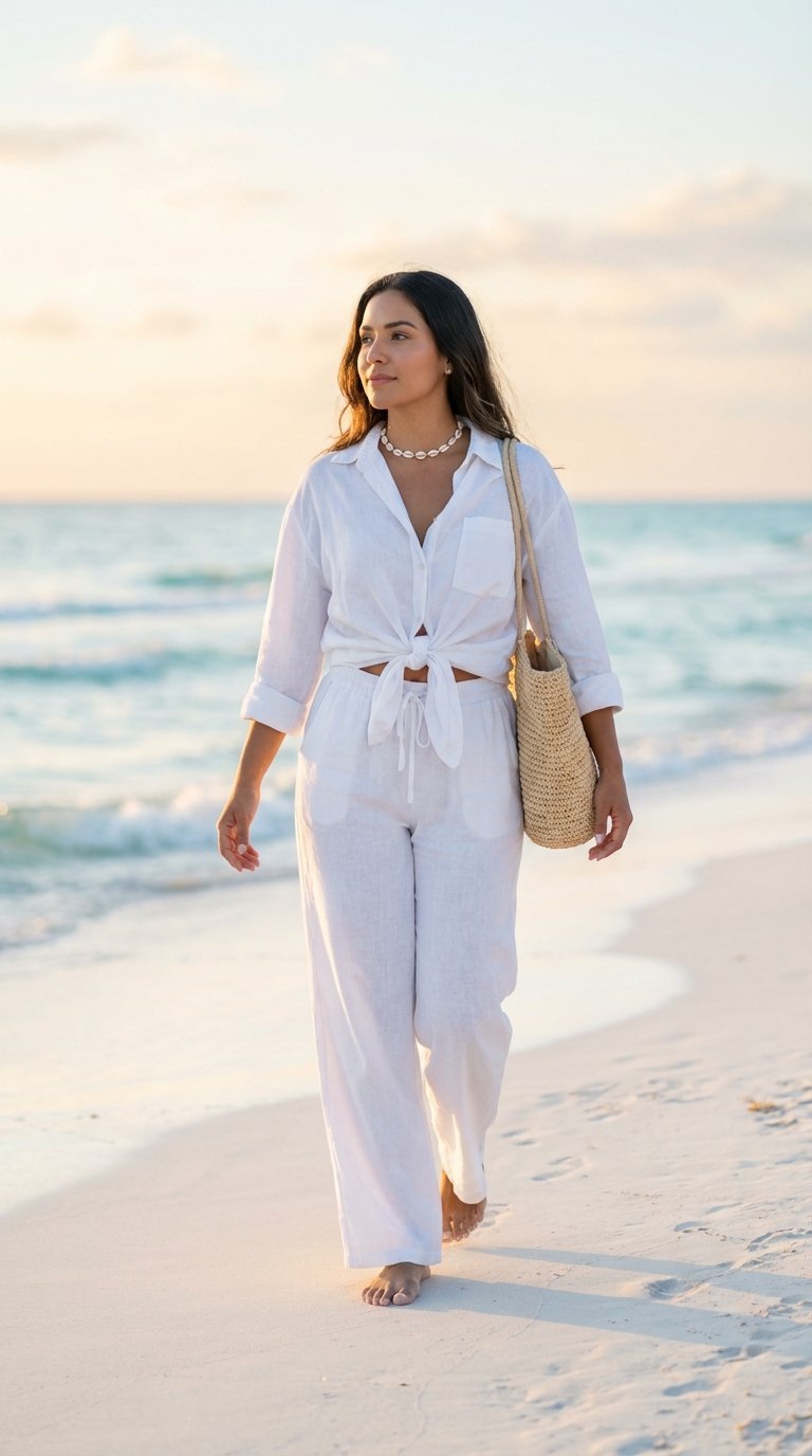 Serene Latina woman in white linen outfit walking on pristine beach during golden hour sunset