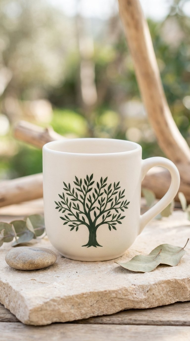 Serene ceramic mug featuring nature silhouette design on light textured stone surface