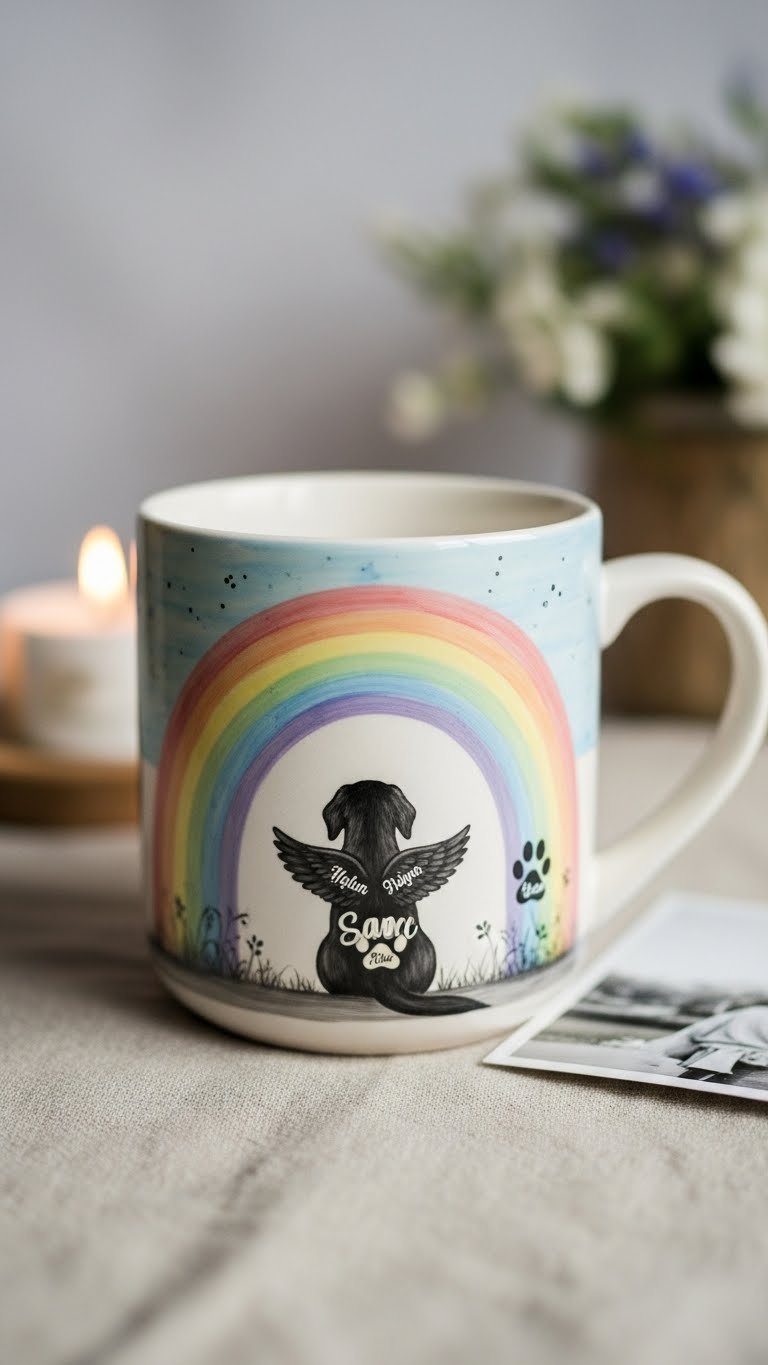Serene ceramic mug with pet memorial Rainbow Bridge theme featuring peaceful dog silhouette and symbolic rainbow