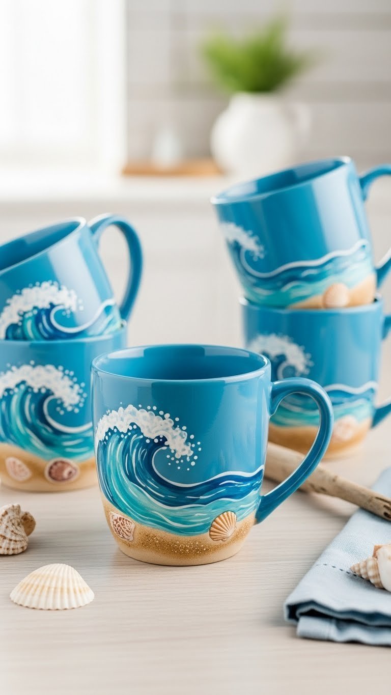 Set of blue ceramic mugs with hand-painted ocean waves and seashell motifs arranged on wooden table
