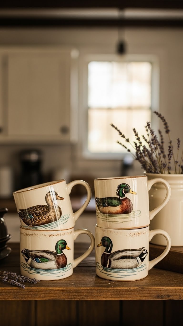 Set of four rustic ceramic mugs with hand-painted vintage waterfowl designs in muted earthy tones