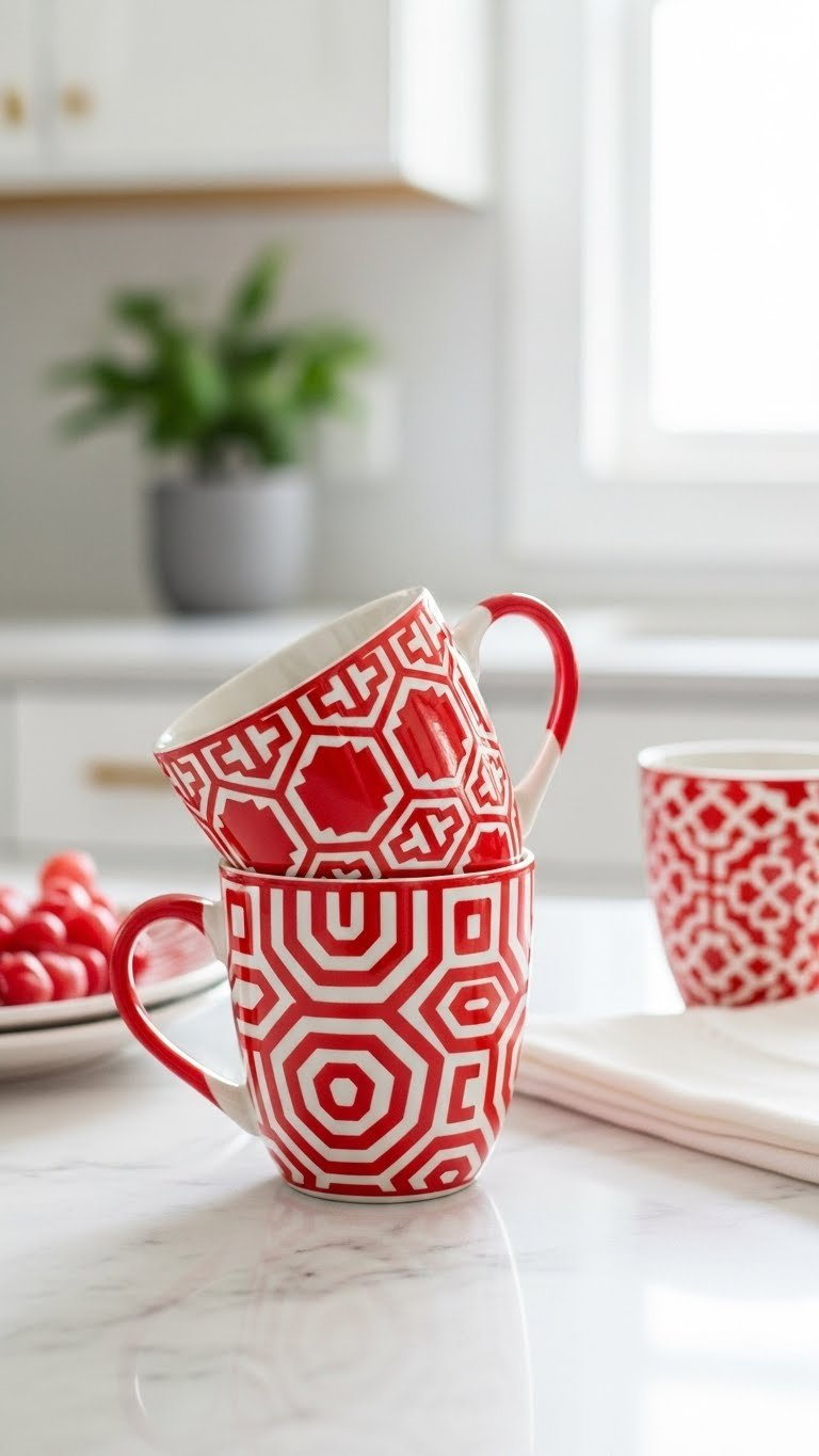 Set of geometric red painted ceramic mugs with symmetrical patterns arranged on white marble countertop with soft bokeh background