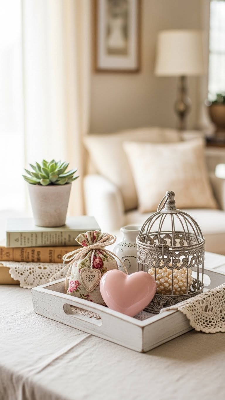 Shabby chic valentine decor featuring distressed white tray with pastel pink ceramic heart and pearl-beaded birdcage