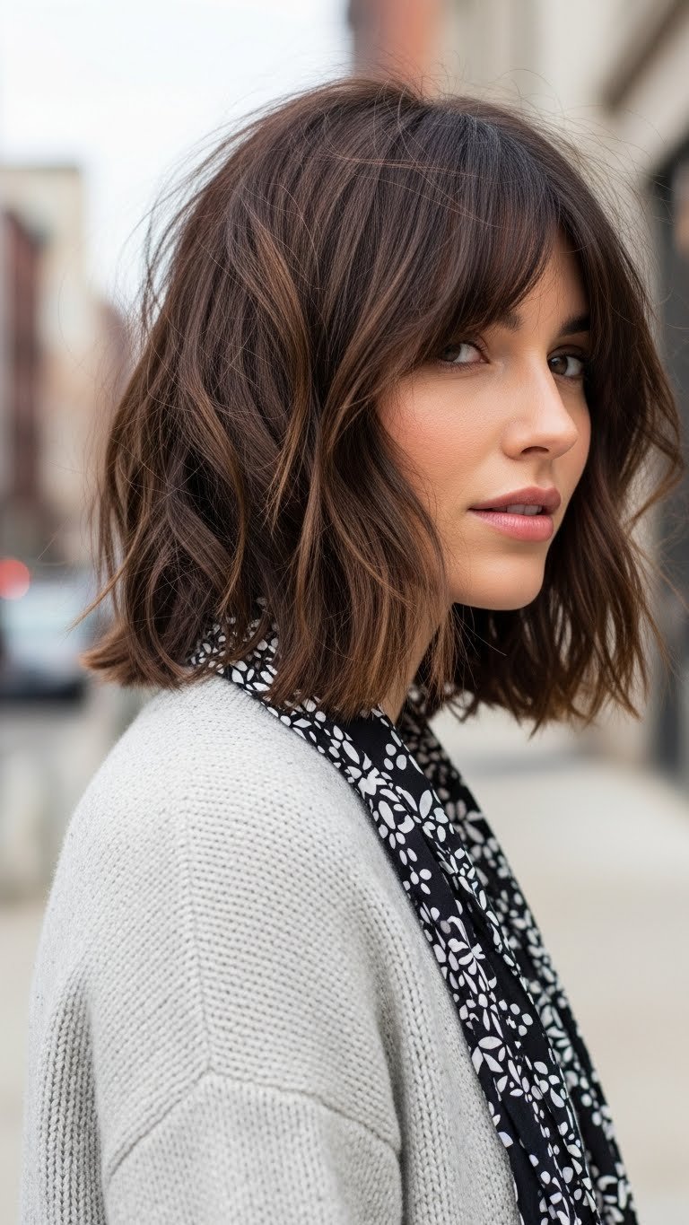 Shaggy lob haircut with face-framing layers adding volume and movement to thin hair in daylight