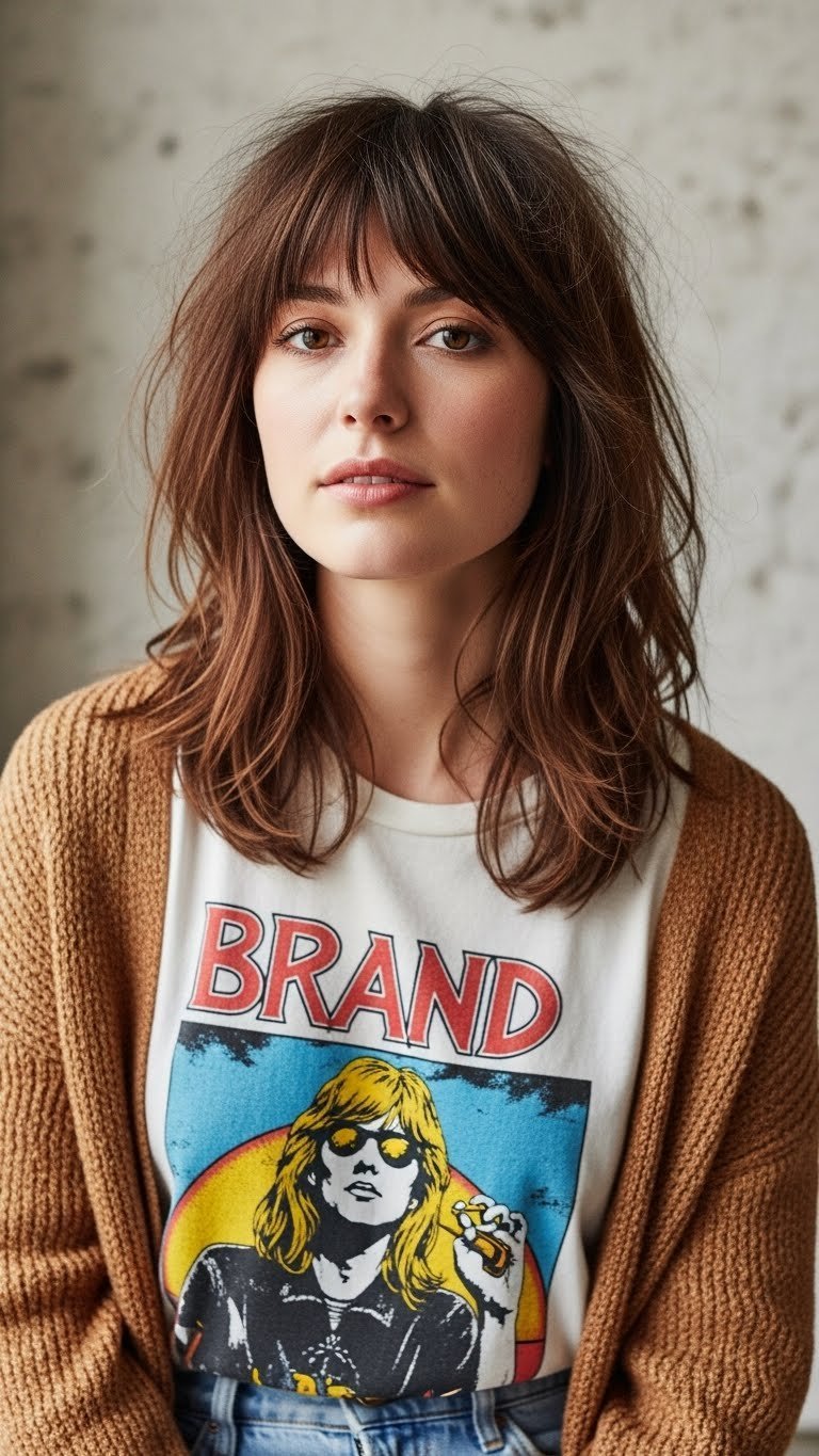 Shaggy messy hairstyle with face-framing layers and retro vibe in minimalist room with textured wall