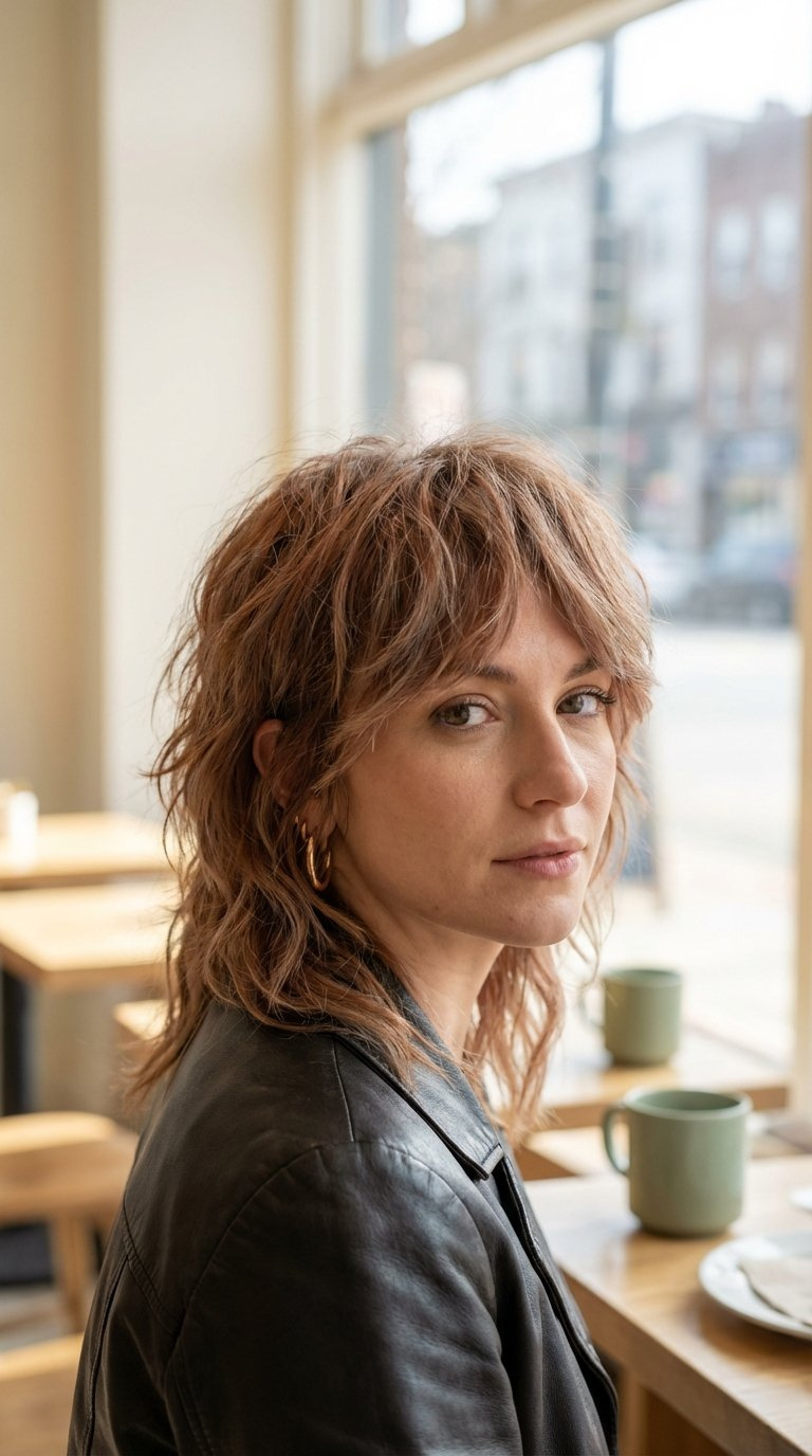 Shaggy mid-length haircut with textured layers and natural volume styled for fall trends against urban backdrop