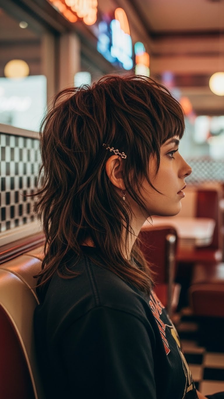 Shaggy mullet medium length hairstyle with disconnected layers in retro diner setting with vintage neon signs