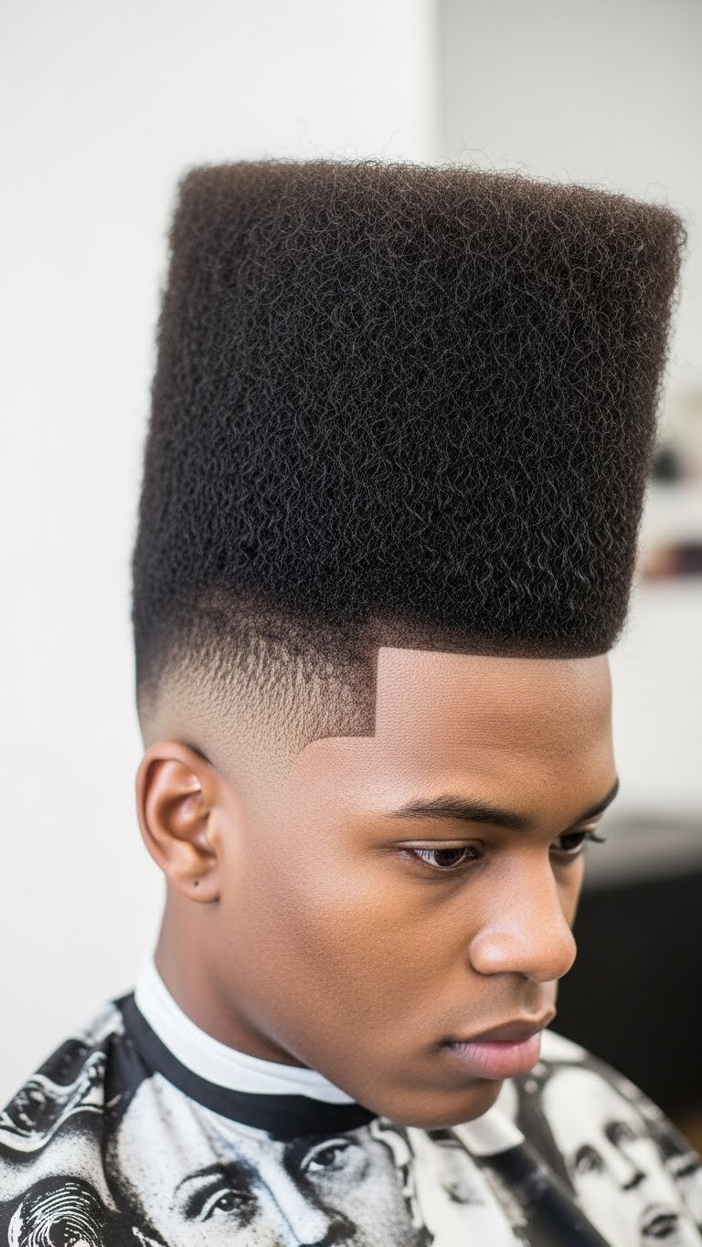 Sharp 80s high top fade hairstyle with geometric upright top and clean faded sides
