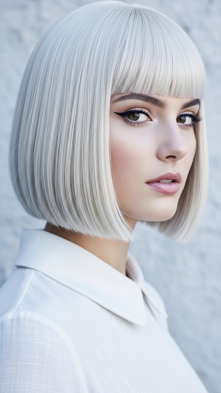 Sharp geometric mod bob hairstyle with chin-length blunt edges and glossy texture in bright minimalist studio setting.