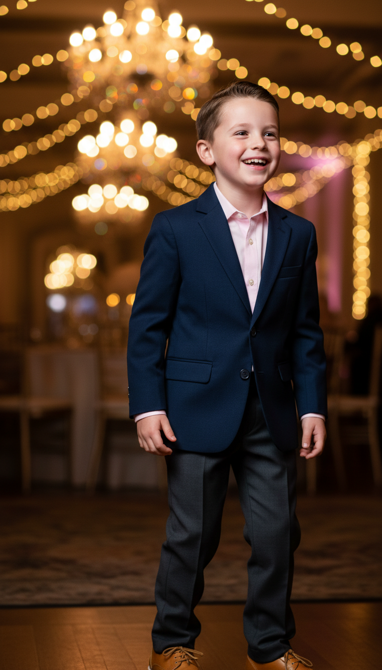 Sharply dressed boy in blazer smiling at formal event with blurred party lights background