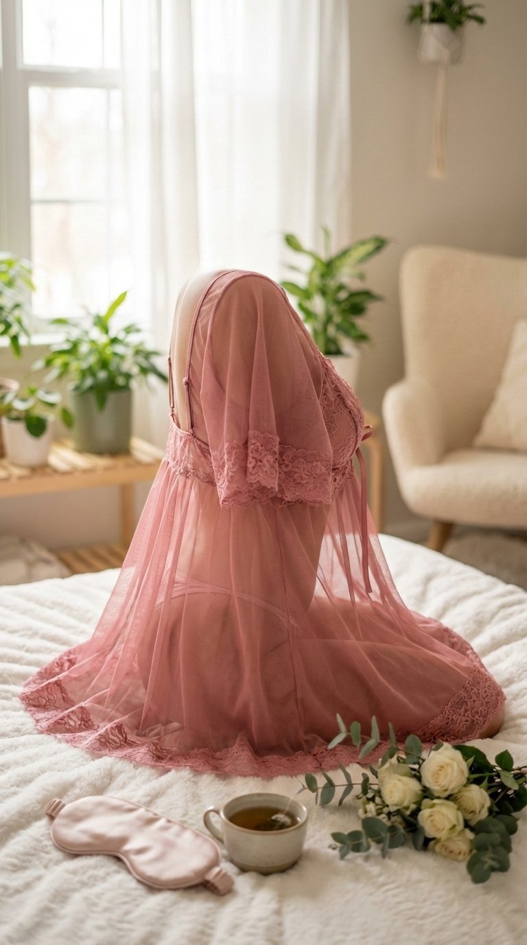 Sheer mesh babydoll lingerie in delicate rose pink draped over fluffy white duvet with soft natural light