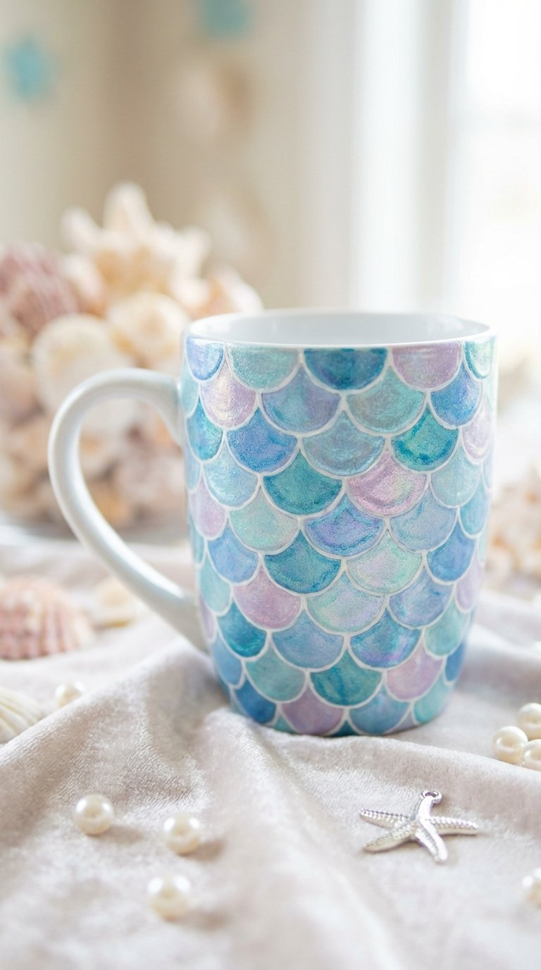 Shimmering ceramic mug covered in iridescent mermaid scale ocean pattern on velvet cloth