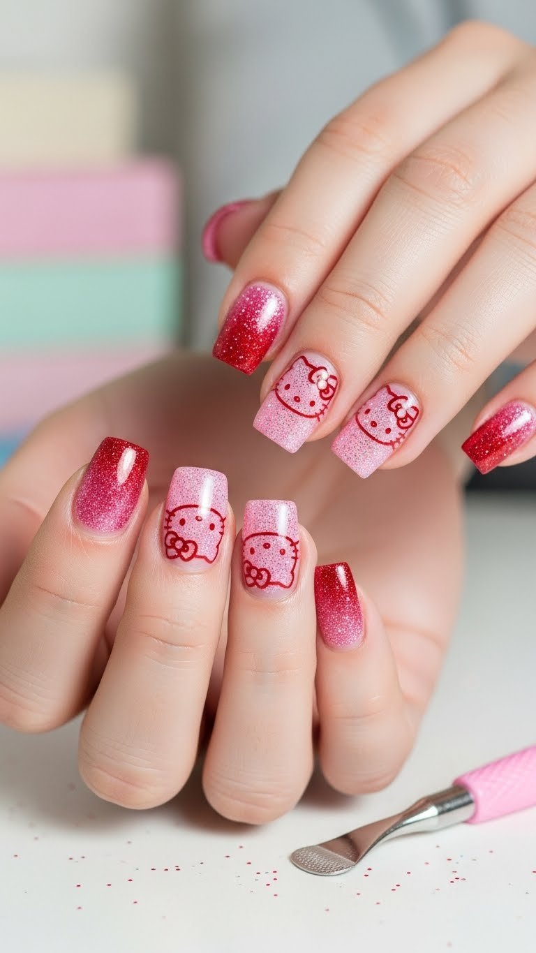 Shimmering pink and red glitter gradient nails with Hello Kitty silhouettes on rounded square shapes reflecting daylight.