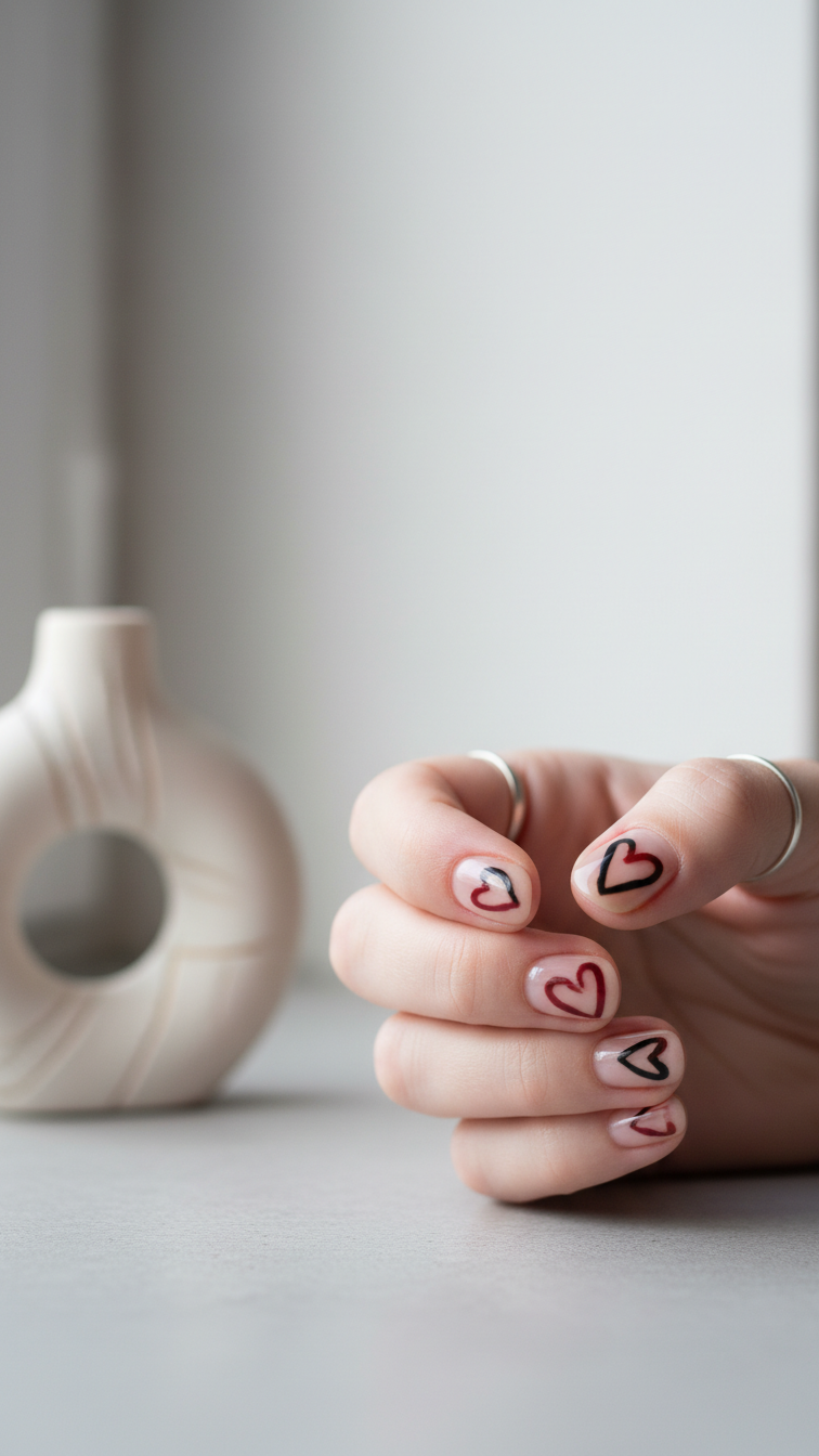 Short Valentine's nails with abstract heart outlines on sheer nude base, round shape artistic design