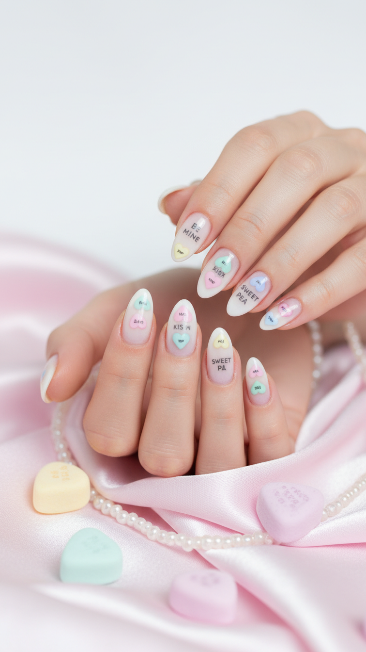Short Valentine's nails with candy heart sayings micro-lettering on almond-shaped nails
