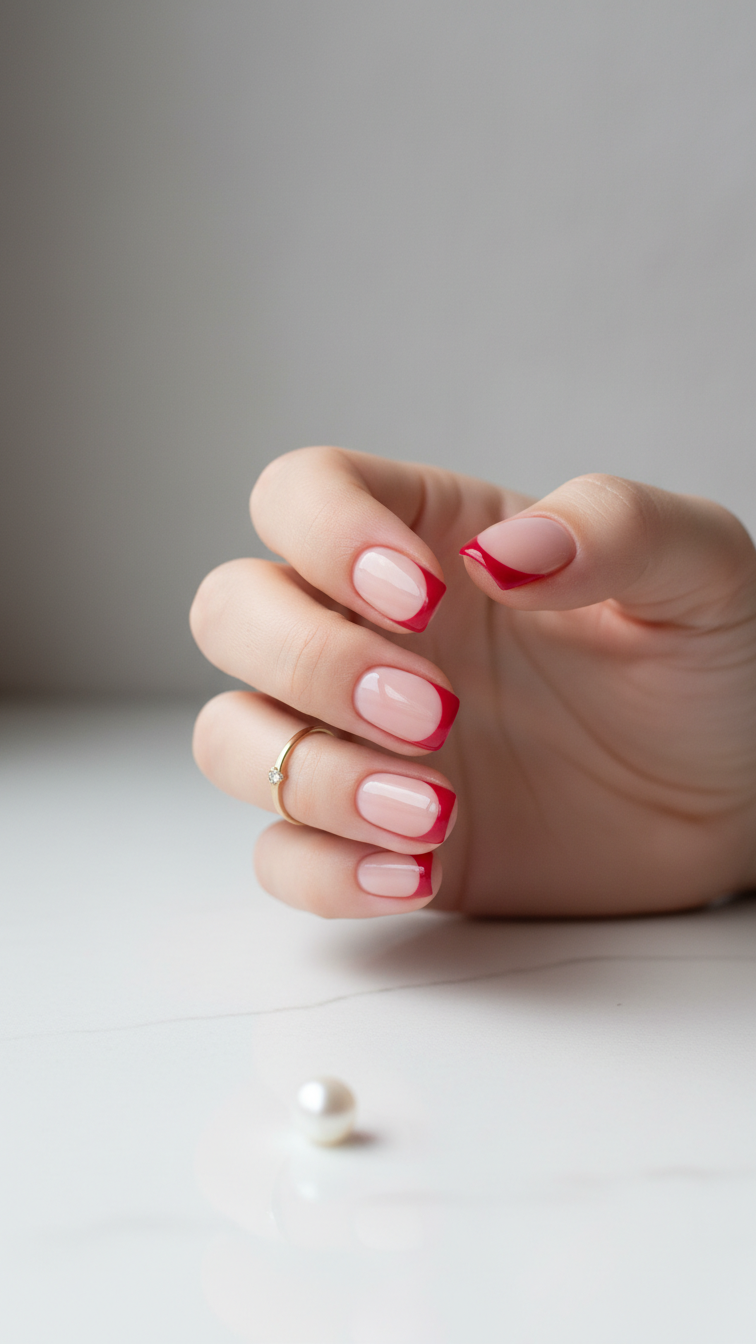 Short Valentine's nails with classic red French tip twist on milky nude base, modern square shape