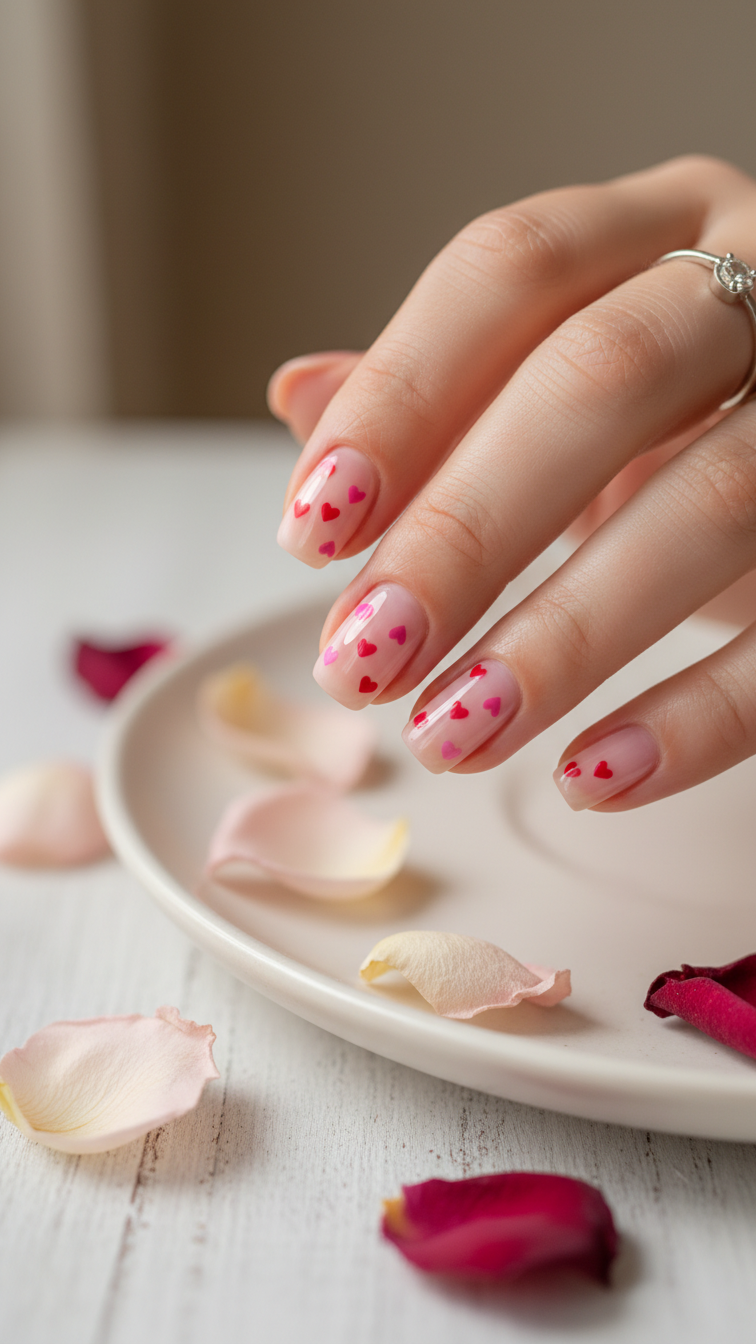 Short Valentine's nails with delicate red and pink heart accents on glossy nude base, squoval shape with soft bokeh background