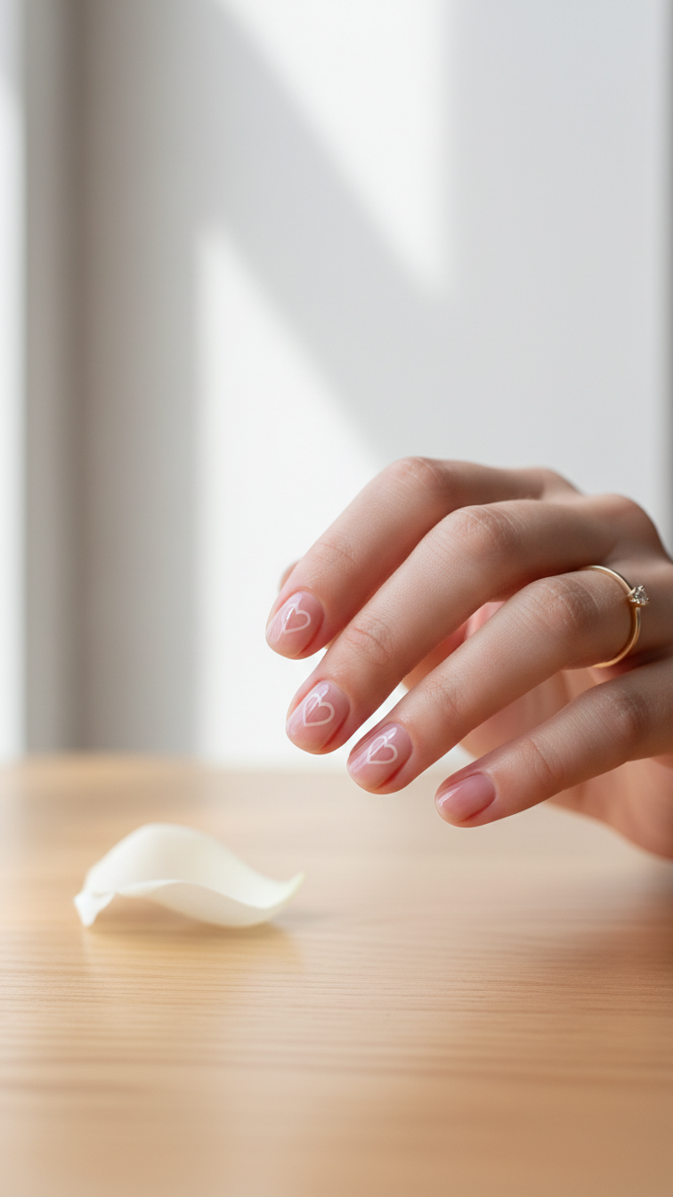 Short Valentine's nails with minimalist negative space hearts on glossy pink base, round shape design