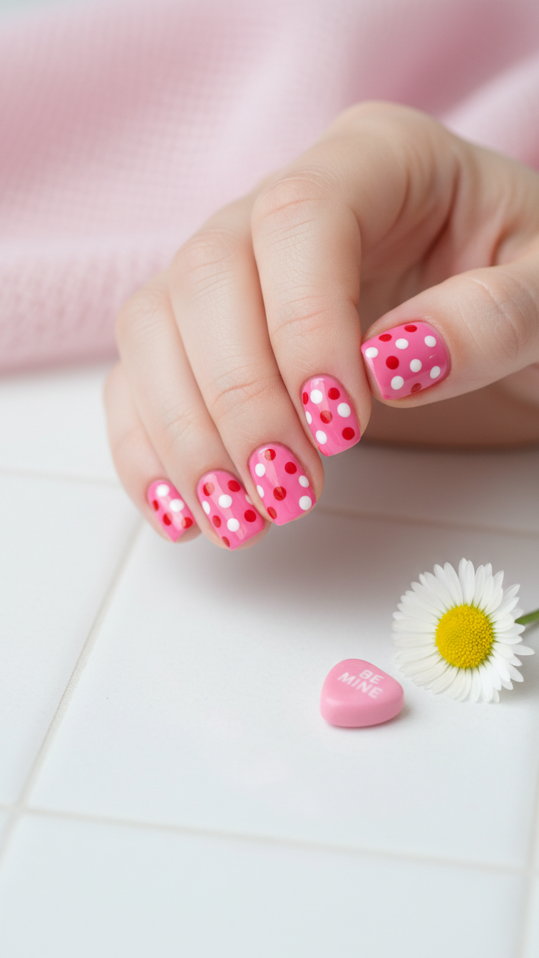 Short Valentine's nails with playful red and white polka dots on vibrant pink base, round shape cheerful design