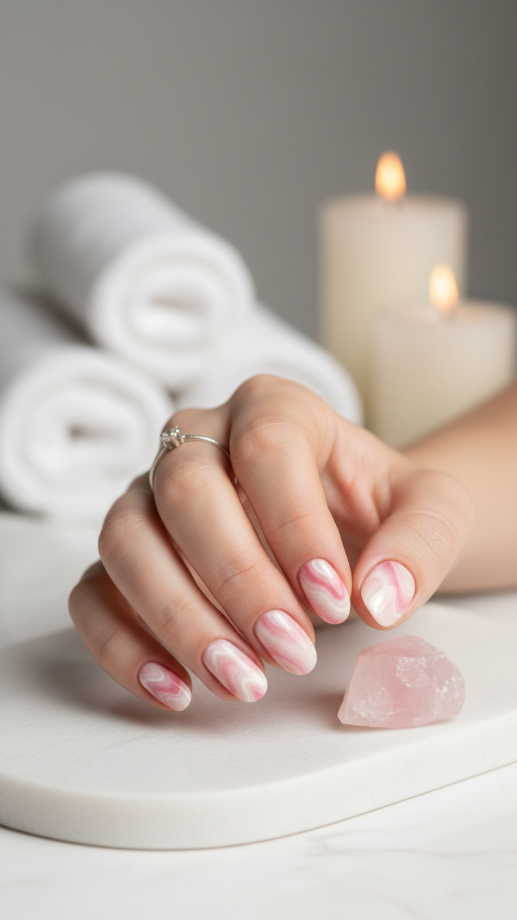 Short Valentine's nails with romantic rose quartz swirl marble effect on glossy oval nails