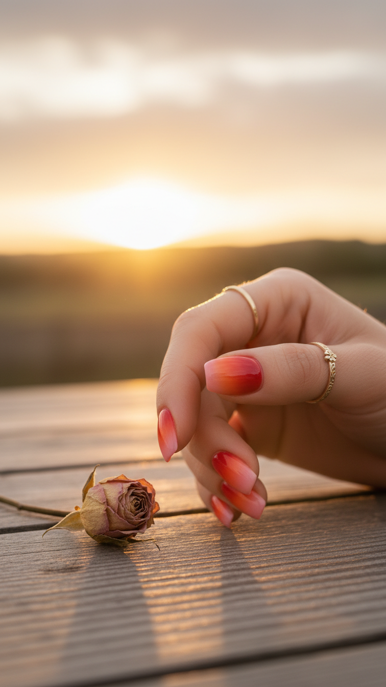 Short Valentine's nails with sunset ombré blend of red, orange and pink on squoval shape