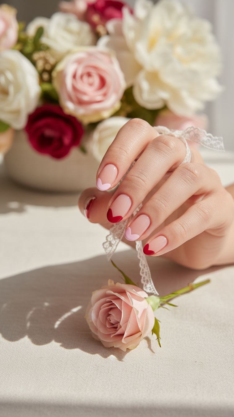 Short Valentine's nails with sweetheart tip French manicure heart-shaped design on oval nails