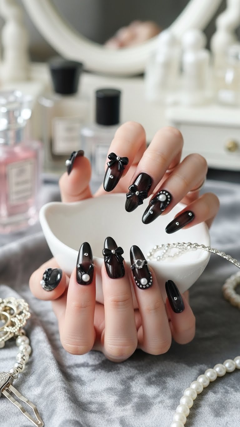 Short almond nails in sheer black with delicate bows and silver pearls on white ceramic