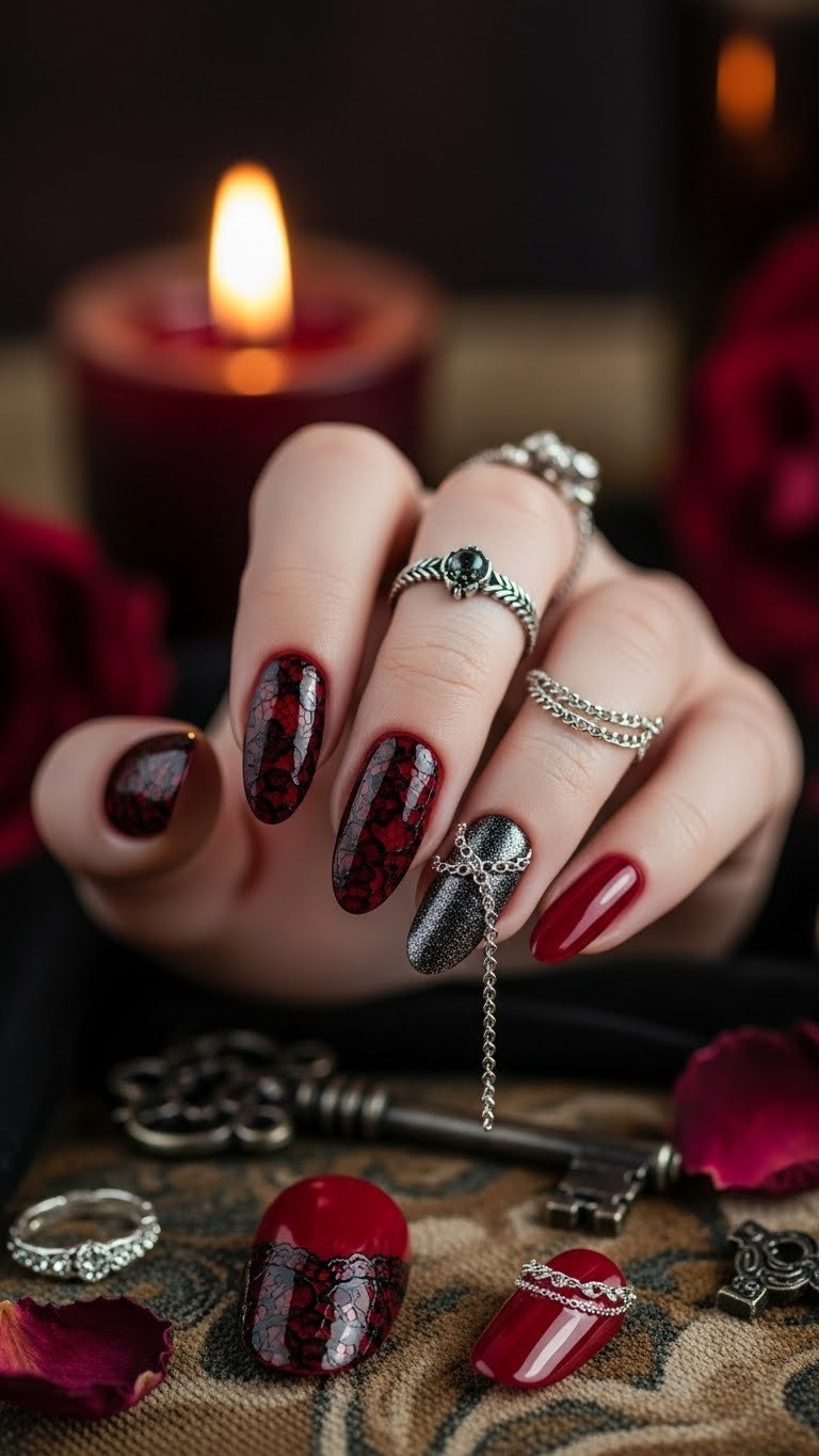 Short almond-shaped oxblood red nails featuring black lace stamping and silver micro-chains on vintage velvet cushion with warm golden hour lighting.