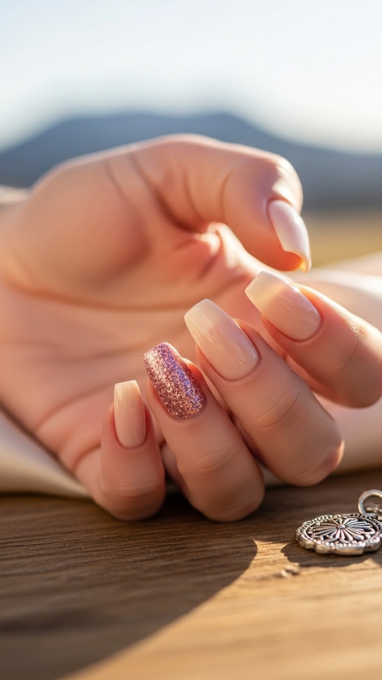 Short coffin nails with creamy neutral base and sparkling pink glitter accents on rustic wooden table setting