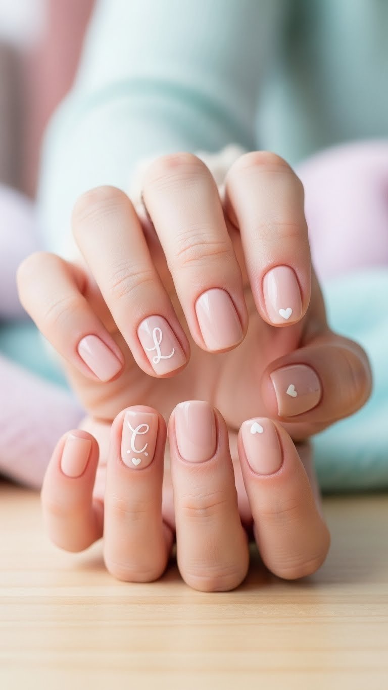 Short nail sweetheart initials with delicate white letters on soft nude base