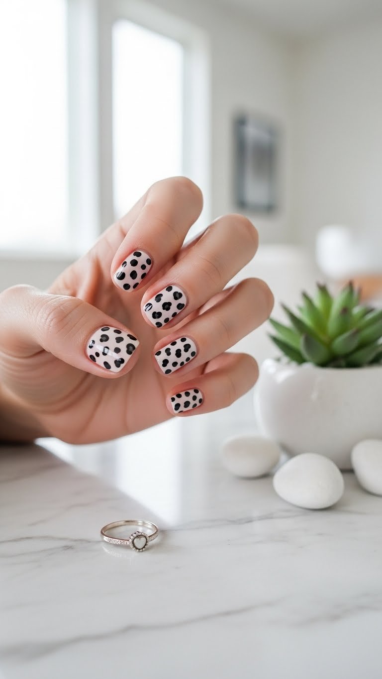 Short natural nails with minimalist leopard spots on light pastel base for chic Valentine's look