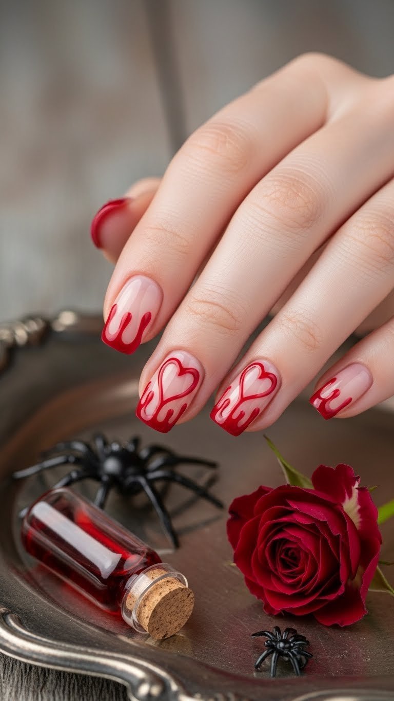 Short rounded natural nails with sheer nude base featuring blood-red drip designs forming heart outlines on tarnished silver tray.