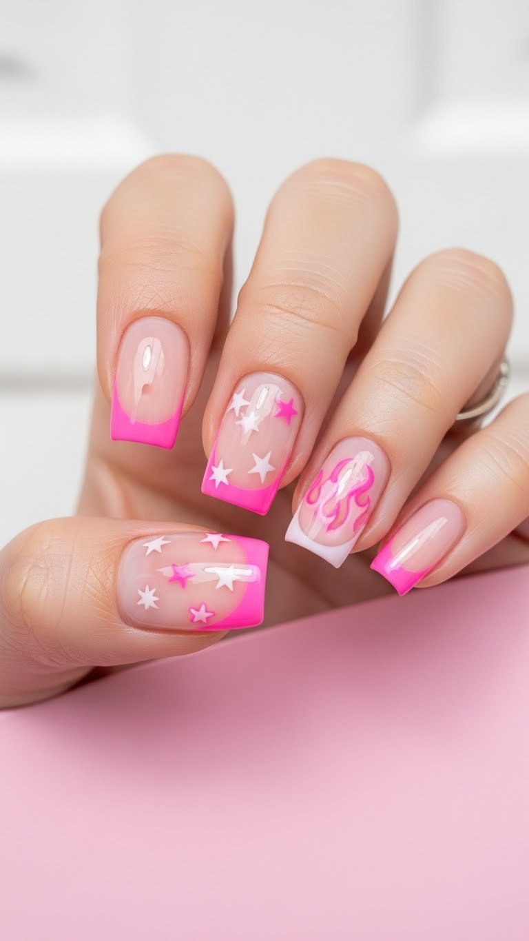 Short square nails with bubblegum pink French tips and white star decals against pastel pink minimalist background